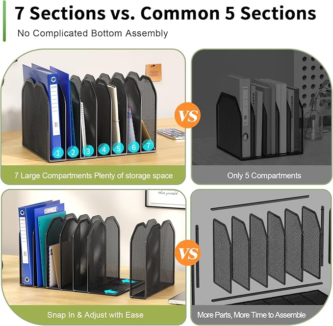 FANXIYQ Black 7-Section File Folder Organizer for Desk, Metal Vertical File Holder Stand, Desktop File Organizer Rack for Letter/A4 Folders, Papers, Books, Office Classroom Home