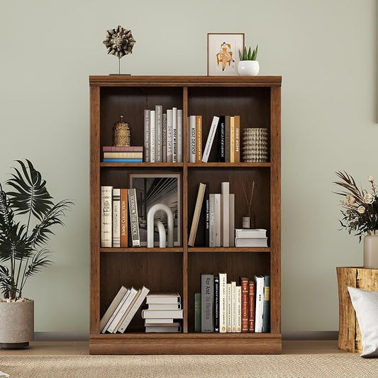 3 Tiers 6 Cube Storage Organizer Bookcase, 30 inch Width Wooden Book Shelf | 6 Storage Cube Adjustable Space Book Case, Vertical Bookshelf Display Cabinet Organizer for Home Library Office, Vintage Oak