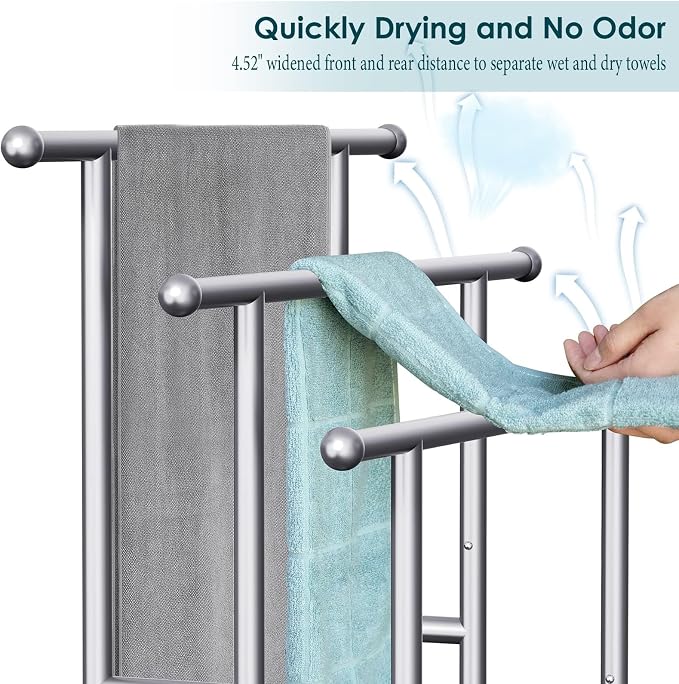 Kayfia 40'' Freestanding 3 Tier Alloy Steel Towel Rack with Storage Basket | Dual-Use Drying & Display Rack, Holds Oversized Bath Towels & Blankets, Fits Bathroom, Tub, Shower, Poolside, Silver