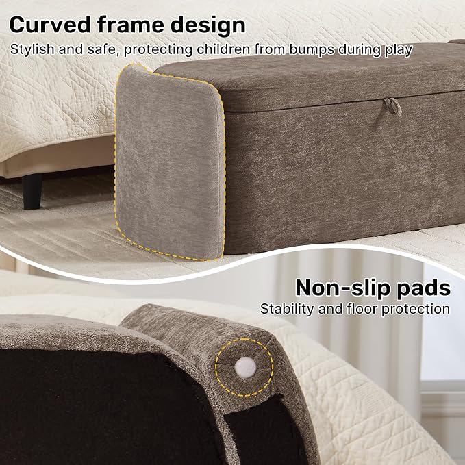 Oval Ottoman Bench with 20 Gal of Storage Space Upholstered Chenille Seat End of Bed Storage Bench Storage Ottoman with Storage for Bedroom, Living Room, Entryway, Window(Light Brown)