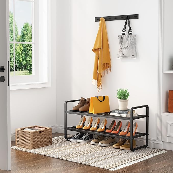 Expandable Metal Shoe Rack for Closet, Entryway & Garage, 2-Tier, Black | Adjustable Height for Boots, Stackable Design, Dense Mesh Shelves for Heels, Fits Small Spaces, Apartments and Rentals