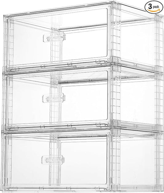 Vtopmart 3 Pack Large Clear Stackable Storage Drawers 23QT | Easily Assemble Plastic Closet Storage Bins, Dust-Proof UnderBed Organizer for Clothing, Sweater Organization