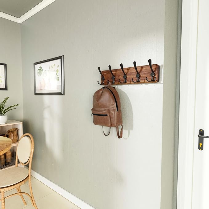 SKOLOO Rustic Coat Rack Wall Mount, 16" Stud Spacing, Solid Wood, Brown | Farmhouse style, 5 Triple Hooks, 100lbs capacity, for backpack jacket coat hat, wall mount, hardware included,rustproof hooks