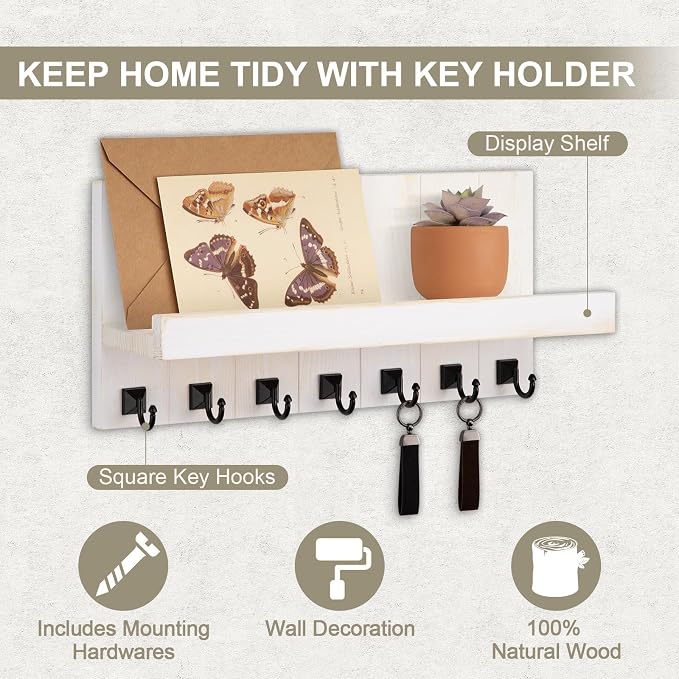 Key Holder for Wall, Decorative Key Holder with Shelf, Key and Mail Holder Wall Mount, Farmhouse Decor with 7 Key Hooks for Keys, Coats, ect.