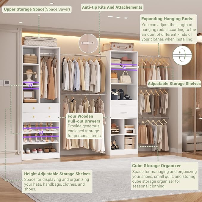 Besiost Closet System, Up to 128.6"/10.7 FT Closet Organizer with 4 Wooden Drawers and Shelves, Walk-in Closet System with 6 Hanging Rods, Built-in Closet Can Fit 96"/8FT, 120"/10FT, White Set 2