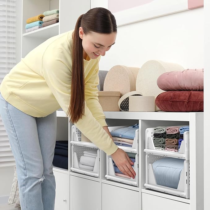 Sorbus 4 Pack Folding Closet Shelf Organizer for Clothes, Versatile Stackable Storage Baskets for Closet, Bathroom, Kitchen and Garage with Easy Access Open Front Design, Plastic Organizer Shelves