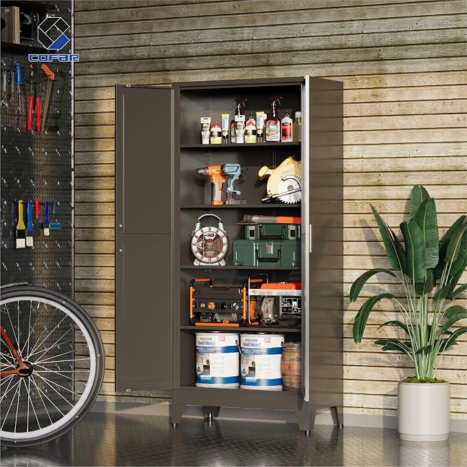 COFaR 71'' Tall Metal Storage Cabinet, Farmhouse Kitchen Pantry Cabinet with Doors and 4 Adjustable Shelves, Black Metal Cabinets for Garage, Kitchen, Bathroom, Laundry, 5-Tier
