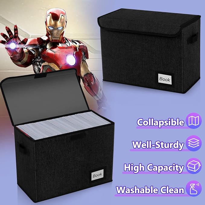 Comic Book Storage Box 15.8" X 7.8" X 11.8", Collapsible Holds 160-180 Comic Book Organizer Heavy Duty Bin Container Holder Shelf (Black)