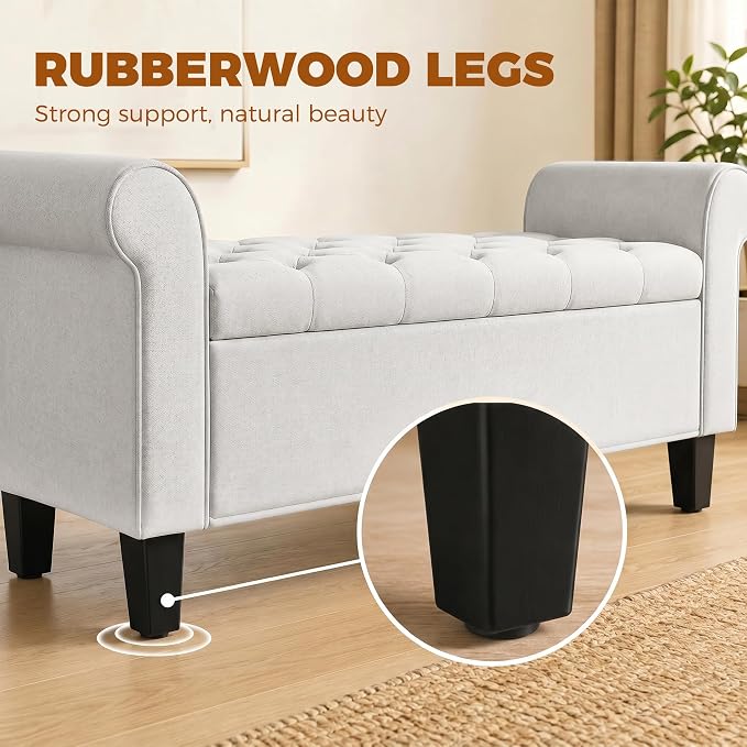HOMCOM 47" Storage Ottoman End of Bed Bench with Rolled Arms Cream White | Long Ottoman with Storage Chest, Safety Hinge, Wooden Legs, Upholstered End of Bed Bench, Bedroom Entryway Living Room