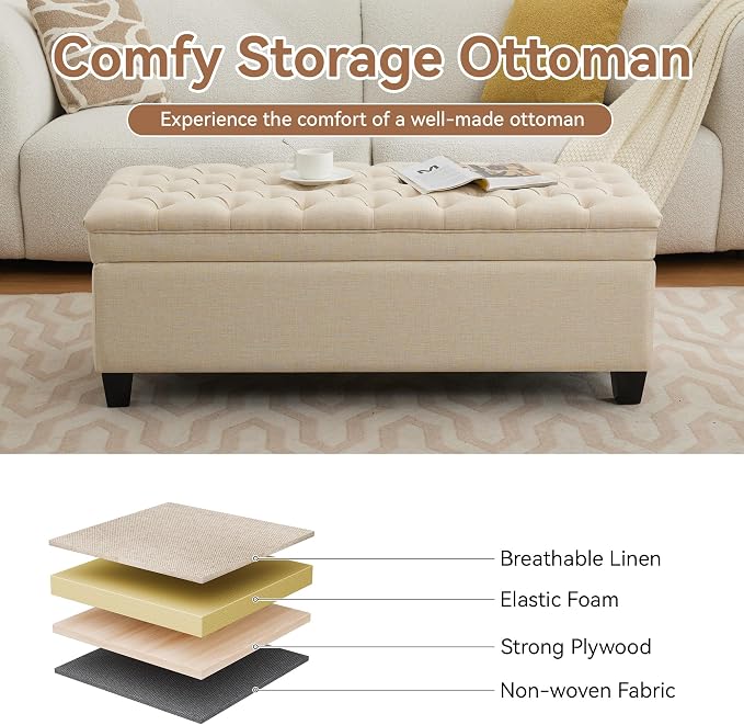 WUTUTUEE 51" Fabric Storage Ottoman Bench, Upholstered Rectangle End of Bed Storage Ottoman Tufted Living Room Bedroom Bench with Safety Hinge, Solid Wood Legs, Loads 500 lb(Khaki)