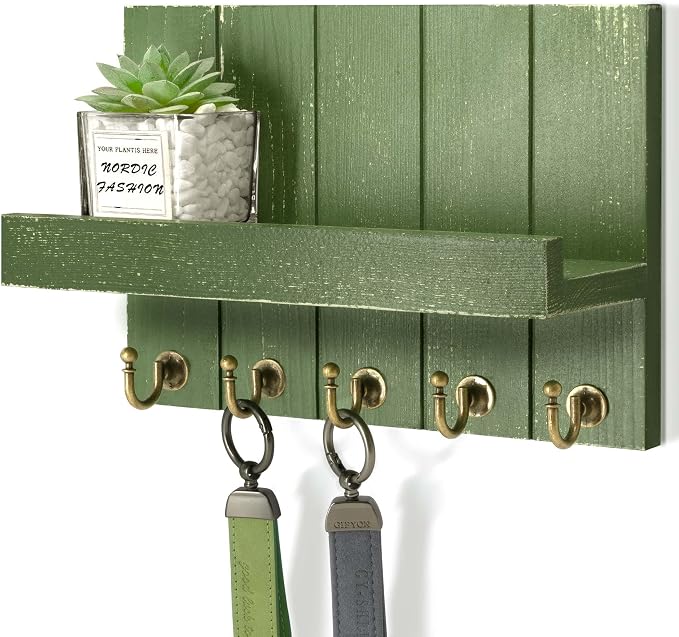 Rebee Vision Key Holder Wall Mount with Shelf for Home Decor, Green | 3.54 x 10 x 7.28 Inches, Pine Wood, Key Holder for Wall, 5 Hooks for Hats and Keys, Compact Organizer for Room Needs.