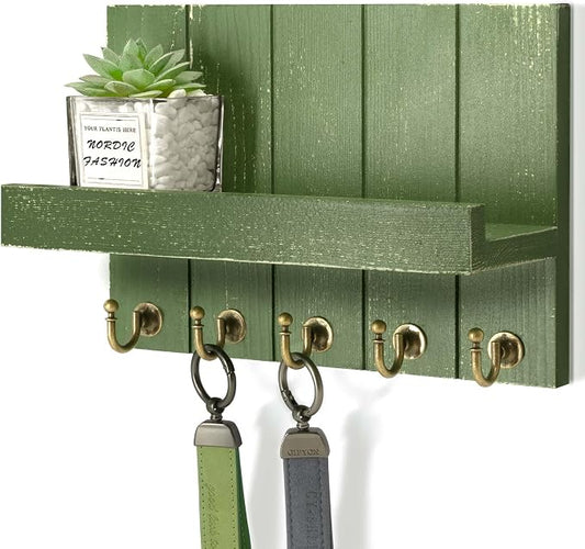 Rebee Vision Key Holder Wall Mount with Shelf for Home Decor, Green | 3.54 x 10 x 7.28 Inches, Pine Wood, Key Holder for Wall, 5 Hooks for Hats and Keys, Compact Organizer for Room Needs.