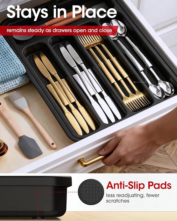 Aujen Silverware Drawer Organizer, Adjustable Utensil Cutlery Tray | Expandable Kitchen Organizer for Forks Knives, Multipurpose Kitchen Storage, Apartment Essentials, Black, Medium