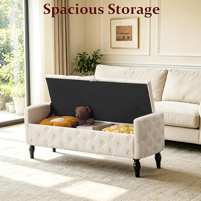 Royal Windsor 48" Ottoman with Storage,Tufted Storage Bench with Safety Hinge,Holds up to 350 lb,Black Wood Legs,Upholstered Bench with Arms for Bedroom,Living Room,Entryway,Linen Beige