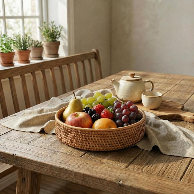 YANGQIHOME Fruit Basket, Wicker Basket Rattan Fruit Bowls, Round Bread Baskets, Handwoven Storage Basket, Natural Serving Bowls Kitchen Counter Dining Room Snack Vegetable 7.9”, 9”, 10.2” (Set of 3)