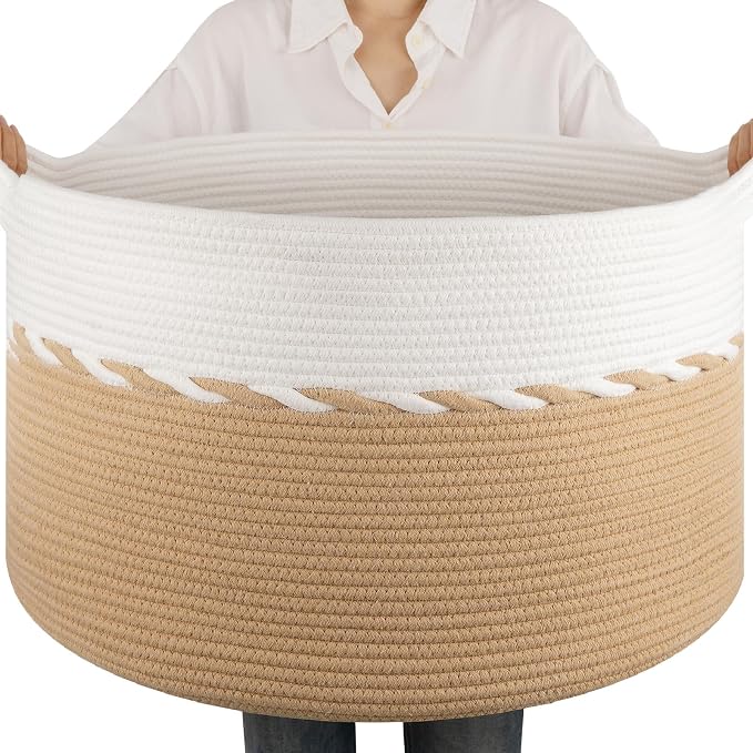 OIAHOMY 90L Extra Large Blanket Basket - Decorative Cotton Rope Storage Basket for Bedroom, Living Room & Nursery - Woven Laundry Hamper for Organizing Blankets, Clothes & Toys - Yellow & White