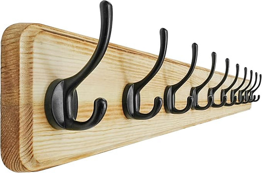 Coat Rack Wall: 38-1/4" Long, Patented, Heavy-Duty, 10-Double-Hooks Wooden Wall Mounted Coat Rack Coat Hanger Hook Rail for Winter Coats Hat Jacket Clothing, Light Brown