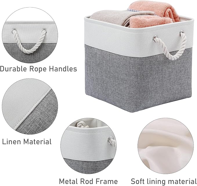 MidmmVick 13 x 13 Inch Cube Storage Bins, 6 Pack Extra Large Collapsible Fabric Storage Bin with Ropes, Foldable Storage Cubes for Home (White & Grey-13"x13"x13")