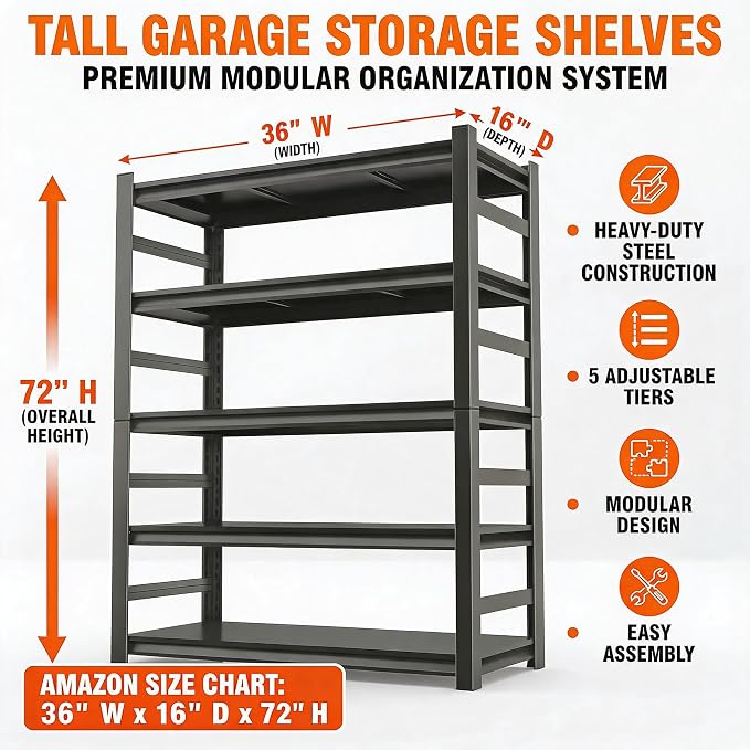 Garage Shelving, Heavy Duty Storage Shelves, Adjustable Boltless Units | Metal Shelving with Double Layer Posts, Industrial Steel Shelving for Garage Basement Warehouse Kitchen, Black, 72H*36W*16D
