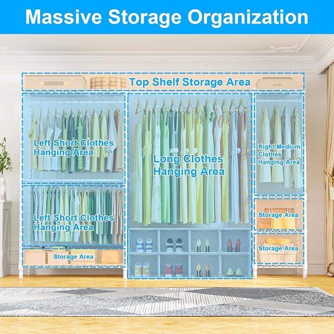 Ulif E10 Clothes Rack（With Stretchable Hanger Rod）Freestanding Clothing Racks for Hanging Clothes，Adjustable Closet Organizer System，Portable Garment Rack 73-97"W x 15" D x 72" H，Max Load 800LBS，White