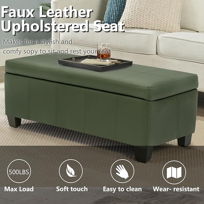 51 Inch Storage Ottoman, Storage Bench with Safety Hinge, Upholstered Synthetic Leather Ottoman Bench for Bedroom, Living Room, Entryway, Hallway, Foot Rest, Support 500lbs