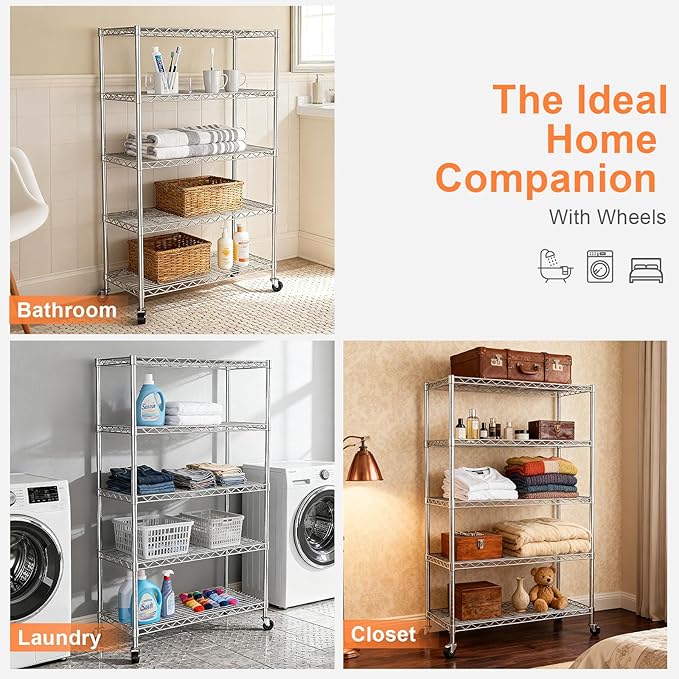 5 Tier Shelving Unit,Wire Shelving with Lockable Wheels,Chrome | 30"Wx14"Dx62"H,Metal Shelf Rack,Height Adjustable Wire Rack Storage Shelving Stand for Kitchen,PantryGarage,Office,Laundry
