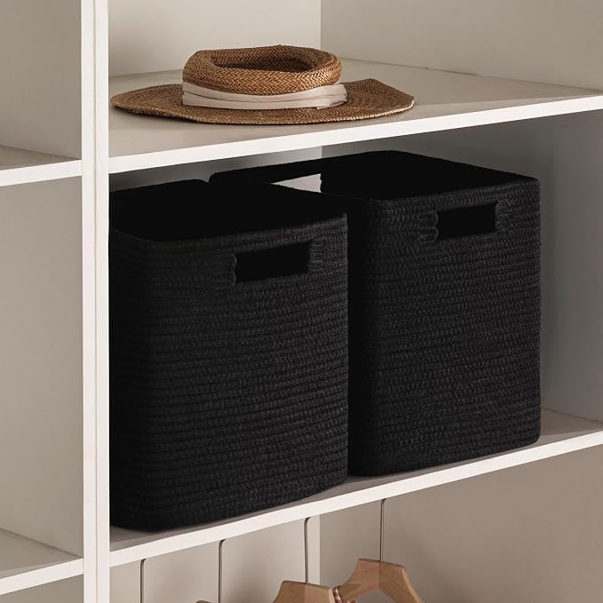 UBBCARE Set of 4 Storage Basket-13 X 13 X 13 in, Cotton Rope Basket for Shelves, Toys, Book, Cube Storage Bins with Handles, Woven Storage Basket for Organizing, Black