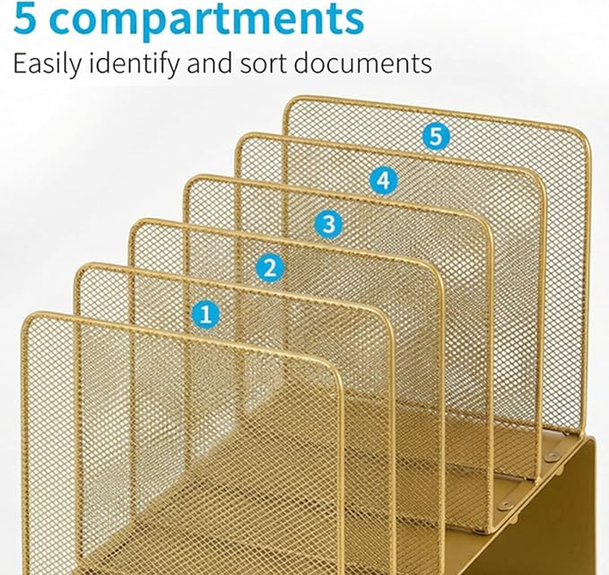 LEKETREE File Organizer for Desk, File Folder Organizer with 5-Section Vertical Rack, Suitable for Home Office Document Organization and Storage(Gold)