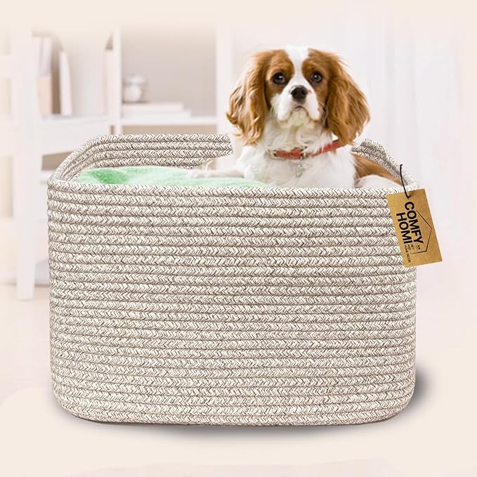 COMFY-HOMI Cotton Rope Woven Basket with Handles for Shelves,Toys,Book, Cloth Storage Baskets Bin for Organizing- 1 PCSToy Decorative Organizer for Living Room, Bathroom
