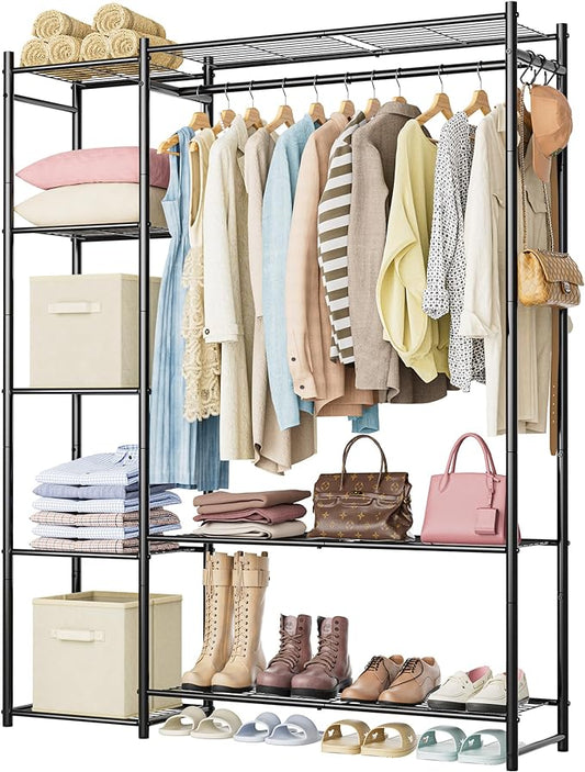 Wardrobe Closet,Portable Clothes Rack with 4 Tiers Shelves,Freestanding Closet Organizers and Storage System with Hanging Rods,Steel Clothing Rack Suitable for Cloakrooms,Bedrooms,Entrances,etc.Black