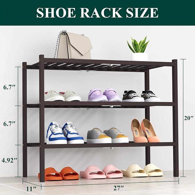 Smiry Bamboo Shoe Rack, 14 Vertical Slats, 3 Tier - 26.8" Wide, Brown | Stackable Free Standing Wooden Shoe Organizer, Wood Shoe Storage Shelf for Closet, Entryway, Thicher Leg