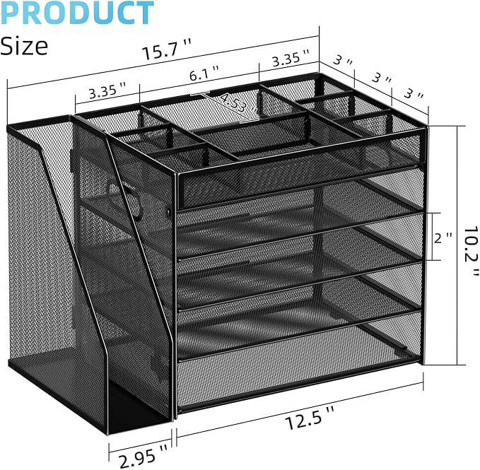 Marbrasse 5-Tier Desk Organizer with File Holder,Paper Letter Tray, Black | Desktop File Organizer with Adjustable Compartments,Mesh Desk Organizers and Accessories for Office Supplies