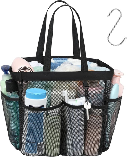 Mesh Shower Caddy Portable - 8 Pockets Extra Large Shower Bag for Dorm | S-Hook, Quick-Dry, Hanging Toiletry Organizer, College Dorm Room Essentials for Girls, Gym, Travel & Bathroom, Black