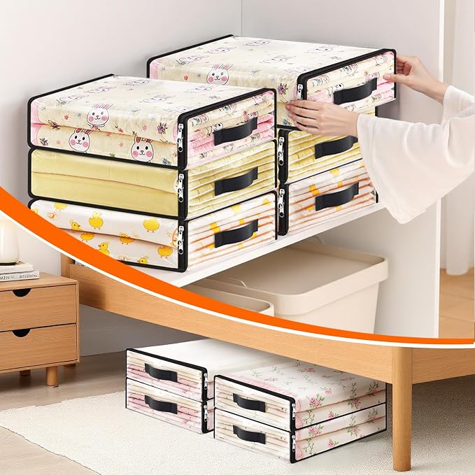 SpaceWhisper Clear Sheet Storage Bags, 8 Pack, 15.7 x 13.8 x 3.9 in | Sheet organizers and storage, zippered closure, thick plastic, reinforced handles, clothes, blankets, under-bed storage