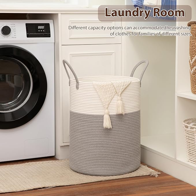 OIAHOMY Large Laundry Basket Hamper - 100L Cotton Rope Woven Basket for Blankets, Toys, Clothes - Tall Decorative Nursery Hamper with Long Handles, Grey/White