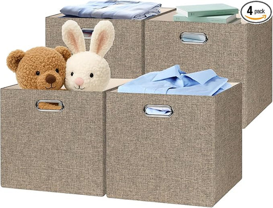 Posprica Collapsible Storage Bins,13×13 Foldable Storage Cube Boxes Fabric Drawer Fabric Storage Bins Vinyl Record Light Coffee, 4 Pack