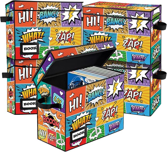 5 Pack Comic Book Storage Box, 15.8" X 7.8" X 11.8", Collapsible Holds 160-180 Comic Book Short Box Bin Container Holder Shelf(Cartoon Colorful)