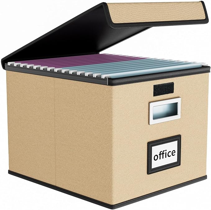 File Organizer Box with Lids, Collapsible File Folder Organizer | File Box with Plastic Slides for Office Document Storage, Filing Bin for Letter Size Hanging File Folders (1 Pack, Brown)