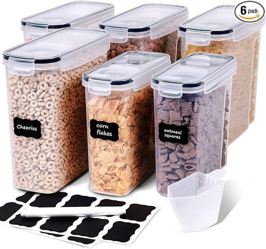 FOOYOO Cereal Containers Storage Set - 6 Piece Airtight Large Dry Cereal Storage Containers(4 * 4L+2 * 2.5L), BPA Free Dispenser Plastic Cereal Storage Containers with 16 Labels & Pen