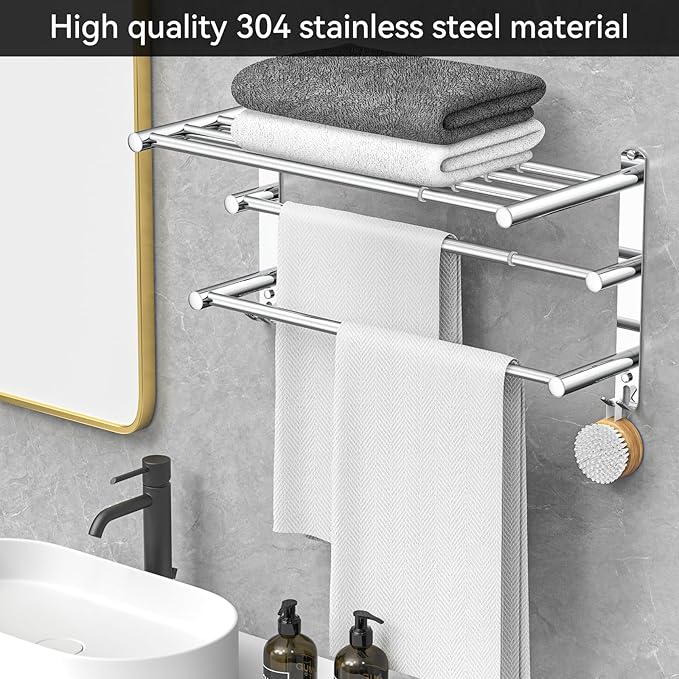 CAXIMSY Adjustable Towel Bar for Bathroom Wall Mount17-30.7inch Adhesive Shower Towel Rack Stainless Steel Bath Towel Holders for Toilet Kitchen Double Towel Hanger (3-Layer Towel Rack)
