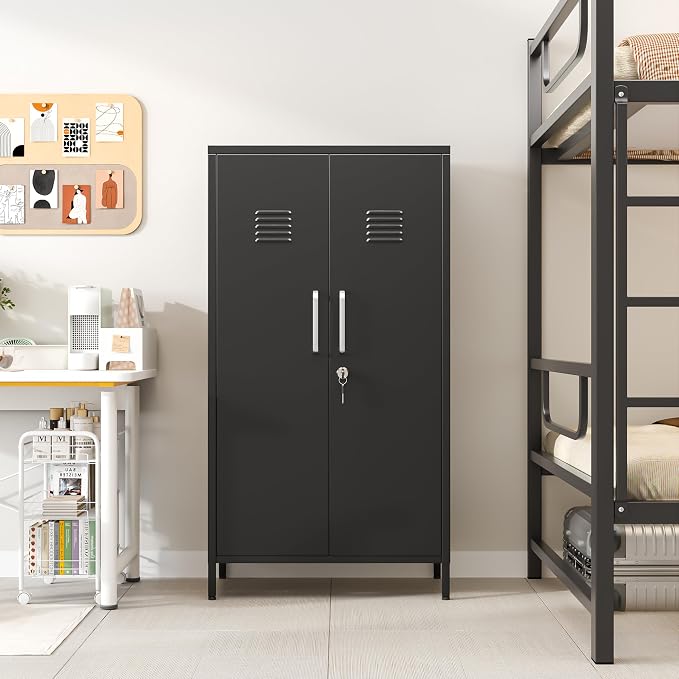 PAOFIN 47" Metal Storage Locker, Lockable Employees Metal Locker with 2 Door and Adjustable Shelves, Steel Locker for Home, School, Office, Gym (Black)