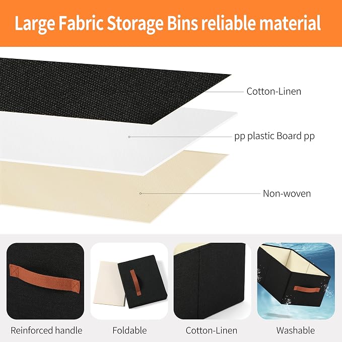 linen closet organizers and storage, 3 Pack Large Storage Baskets, Washable, Clothing Storage Bins with Handle, Closet Organizer for Storage Sweater,Sheets (Black, 16" x9½x6¾)
