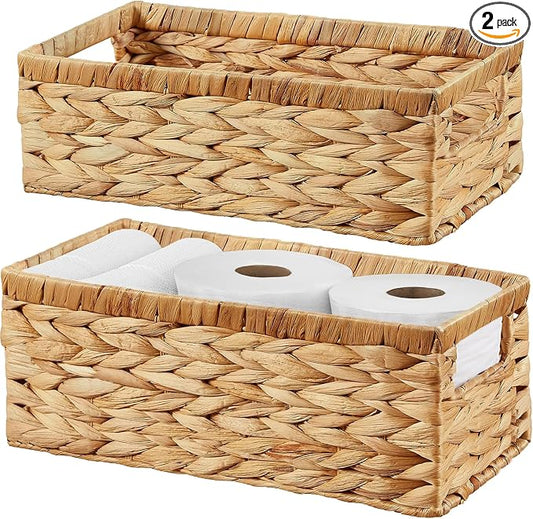 Wicker Storage Basket, Set of 2 Hand-Woven Water Hyacinth Wicker Baskets for Organizing Decor Storage Bins for Counter Shelves Pantry Basket Small Toilet Paper Basket for Toilet Tank Top