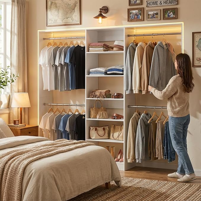 Closet System, 4.5-11.5 Ft Expandable Closet Organizer, White | 5 Hanging Rods, Walk-in Wood Closet Organizer System with Storage Tower, Heavy Duty Garment Rack Wardrobe for Bedroom