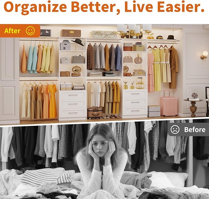 Closet System with 6 Drawers, 6-12.3FT Closet Organizer System Wood with 8 Shelves & 6 Expandable Hanging Rods, Closet Systems Kit for Walk in Closets, Modular Closet Organizer Systems, 2 Sets,White