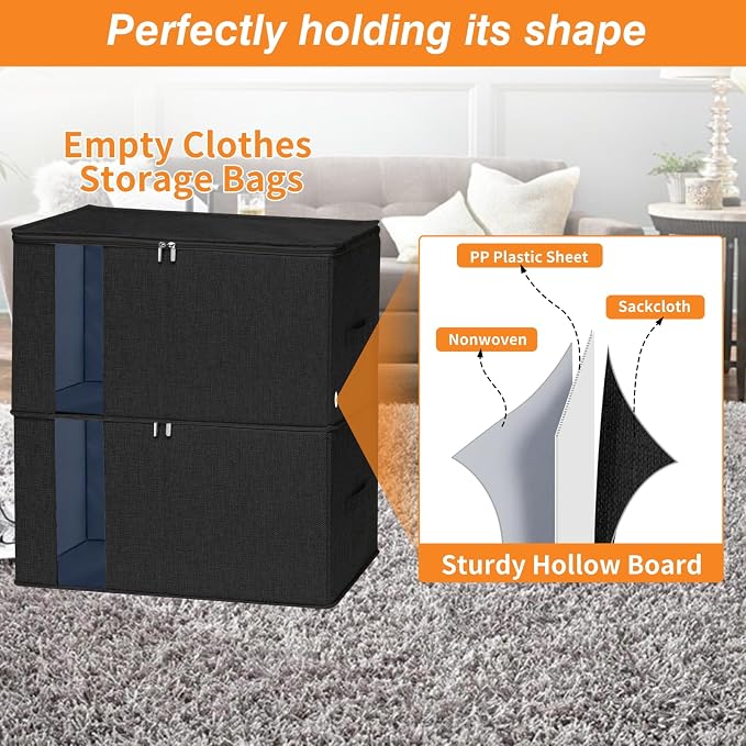 punemi 60L Blanket Storage Bags with Side & Bottom Support, 2 Pack, Black | Clear Window & Reinforced Handles, for Clothes,Pillow,Bedding & Comforter, Bedroom & Closet Organization