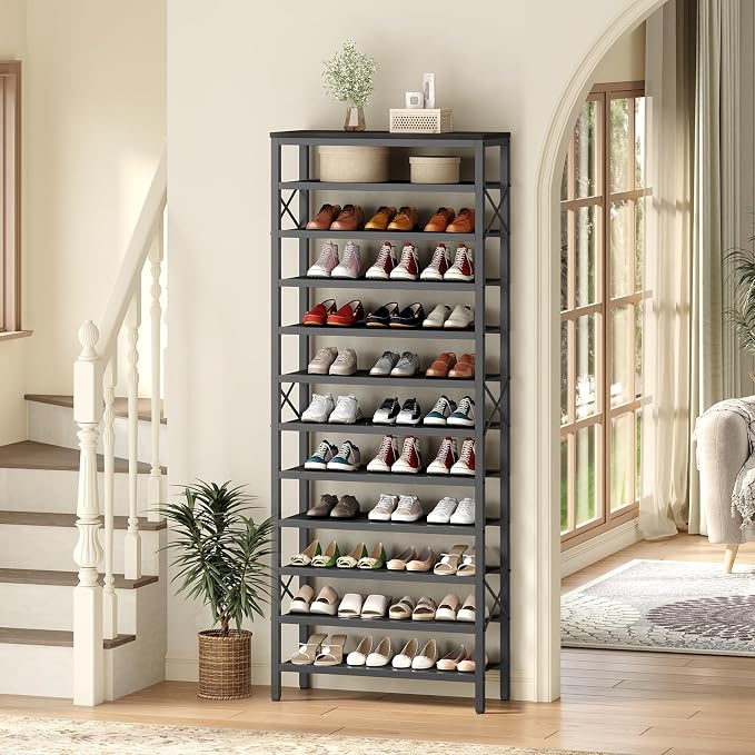 12-Tier Tall Shoe Rack Organizer, Wooden Shoe Storage for Closet Holds 48 Pairs, Sturdy Shoe Shelf with X-Shaped Metal Support, for Entryway, Bedroom, Black SS212BB