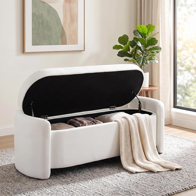 Oval White Velvet Storage Ottoman Bench, 48.8" | Velvet Upholstered Ottoman Bench with Storage, Safety Hinge, Foot Rest for Living Room, Bedroom, Small Apartment