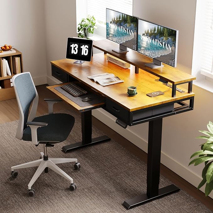AODK 55 Inch Standing Desk with Drawers & Keyboard Tray, Rustic Brown | 3 Outlets & 2 USB Ports, LED Lights, Monitor Stand, Cable Management Tray, 3 Memory Heights, 29.9"-46.1" in Range