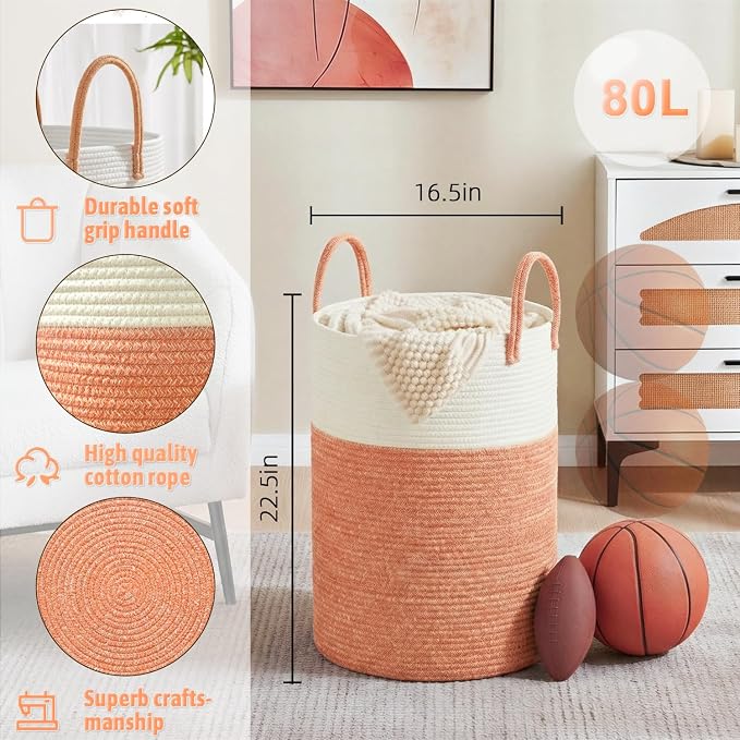 Laundry Basket,Woven Cotton Rope Laundry Hamper,80L for Decor Storage of Dirty Clothes,Toys and Blankets in Bathroom,Baby Room and Living Room